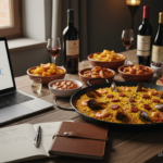Food marketing scene: a table with gourmet Spanish food, a laptop showing a marketing presentation, and a notebook. Warm l...
